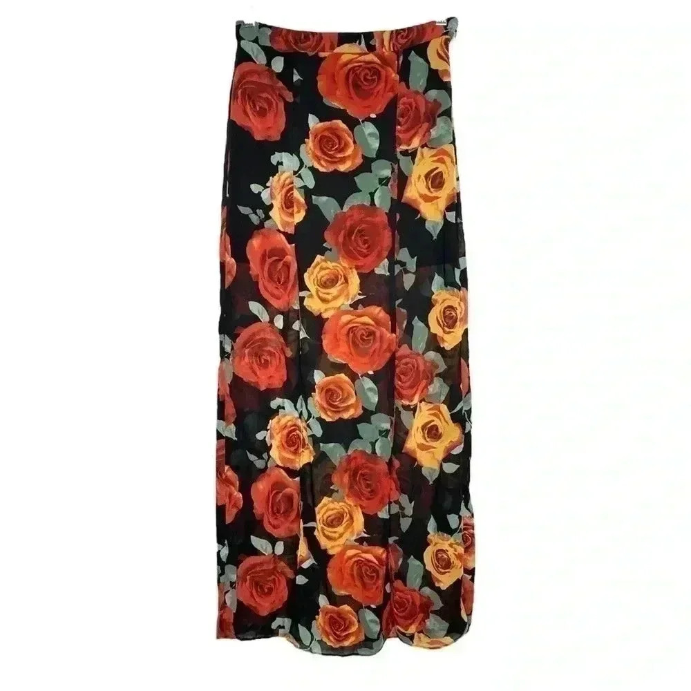 Forever 21 Chiffon Multicolor Roses Print Double Slit Maxi Skirt
